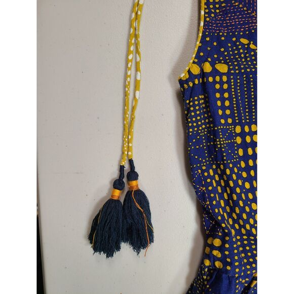 Mata Traders Blue Yellow Geometric Print Tassel Tie Summer Dress Anthropologie - Picture 4 of 5